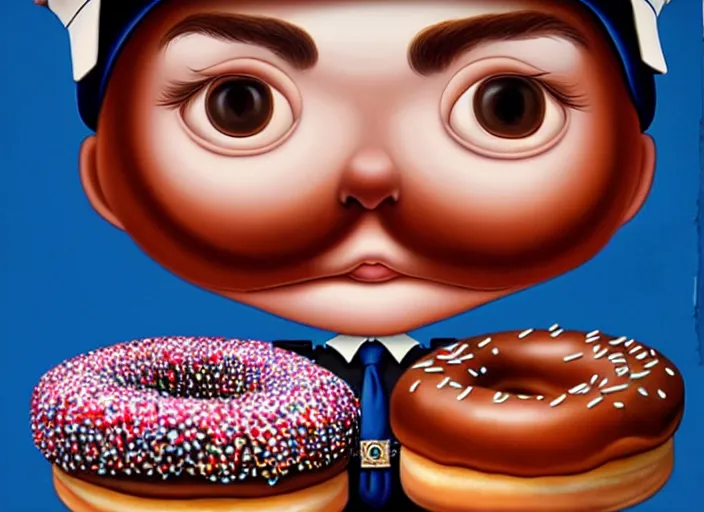 Prompt: a police officer made of donuts, lowbrow, matte painting, 3 - d highly detailed, in the style of mark ryden,