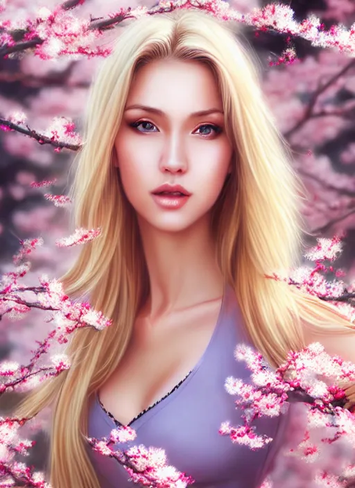 Image similar to photo of a gorgeous blonde female in the style of stefan kostic, realistic, half body shot, sharp focus, 8 k high definition, insanely detailed, intricate, elegant, art by stanley lau and artgerm, extreme blur cherry blossoms background