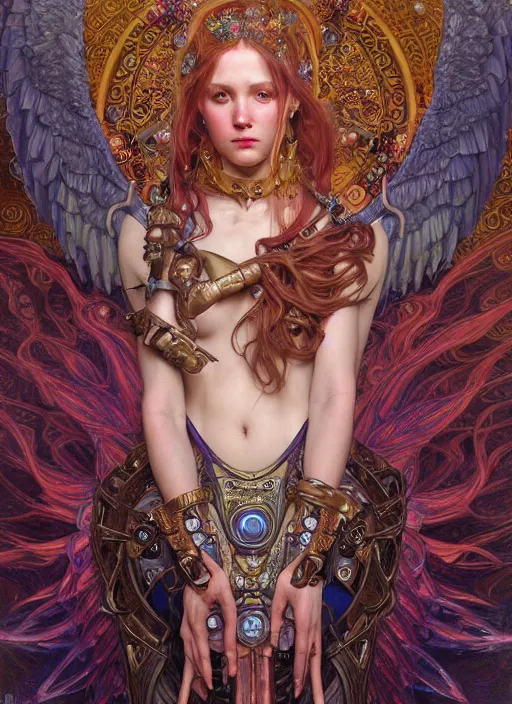Image similar to hyper detailed masterpiece evil angel girl warrior by donato giancola and tom bagshaw, face by artgerm and edmund leighton, and alphonse mucha, trending on artstation, colorful, psychedelic aesthetic, ornate, background by gustav klimt, 8 k, biomechanical, majestic, volumetric lighting, porcelain skin, concept art, sharp focus