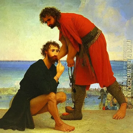 Prompt: curly haired australian greaving the loss of his toe nail in the style of ivan the terrible and his son ivan on 1 6 november 1 5 8 1 a painting by russian realist artist ilya repin