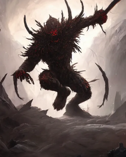 Image similar to oil painting of Angry Anthropomorphized Spider Berserker, wearing fur armor, claws, sharp focus, attack pose, fantasy style, octane render, volumetric lighting, 8k high definition, by greg rutkowski, highly detailed, trending on art Station, magic the gathering artwork, burning Battlefield background, centered