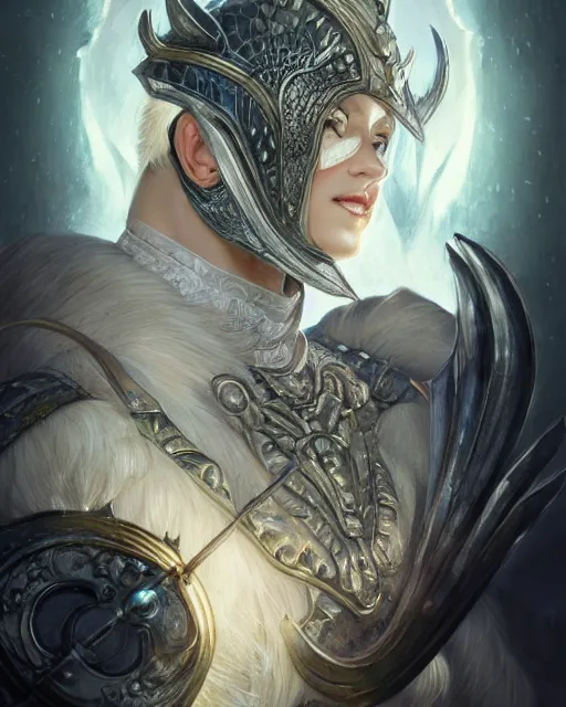 Image similar to Portrait of a Fantasy white knight, moonlit, HD, illustration, epic, D&D, fantasy, intricate, elegant, highly detailed, digital painting, artstation, concept art, smooth, sharp focus, illustration, art by artgerm and greg rutkowski and alphonse mucha, monster hunter illustrations art book