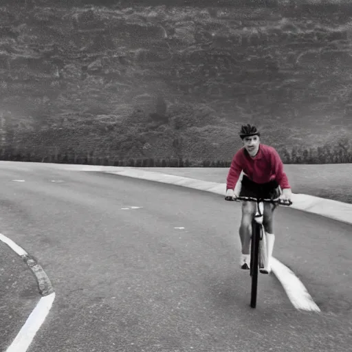 Prompt: A man riding a bicycle action shot, subject is smiling, matte painting