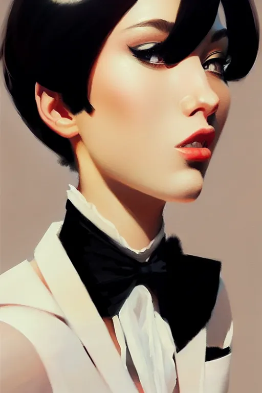 Image similar to a ultradetailed beautiful portrait panting of a stylish woman wearing a black tuxedo, oil painting, by ilya kuvshinov, greg rutkowski and makoto shinkai, trending on artstation