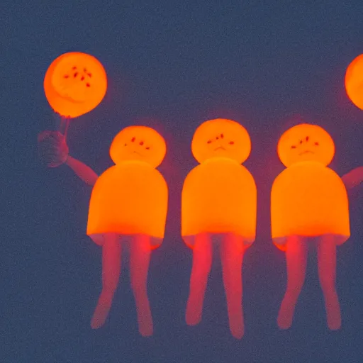 Prompt: three orange glowing people rising into the sky