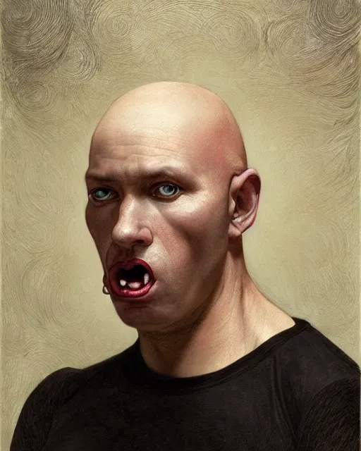 Image similar to portrait of a 4 0 - year - old bald character, male, with a white complexion, wide, cat - like scarlet eyes, nose as a snake, and a thin mouth, wearing in black clothes, hyper realistic face, beautiful eyes, fantasy art, in the style of greg rutkowski, intricate, alphonse mucha, hyper detailed, smooth