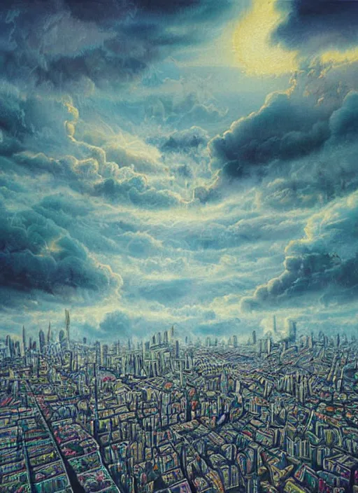 Image similar to a beautiful painting by oliver vernon of a glitched city behind clouds, realistic colors