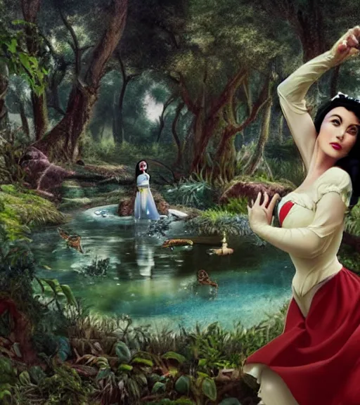 Prompt: film still of Monica Bellucci as snow white in a forest by a pond with frogs, by artgerm, makoto sinkai, magali villeneuve, Gil Elvgren, Earl Moran,Enoch Bolles, symmetrical,