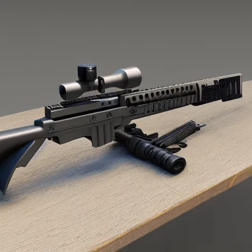 Image similar to a 3 d printed barrett 5 0 cal sniper rifle, hd, hyper realistic, rendered in unreal engine 5 at mex resolution.