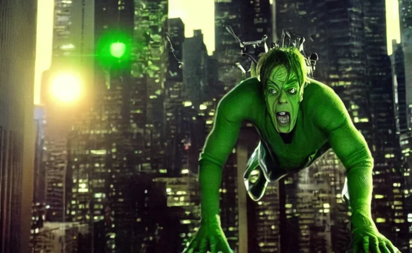 Image similar to steve buscemi as the green goblin, movie still from spiderman film, hdr, epic composition