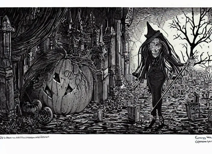 Prompt: blue woodcut print cartoon, halloween witch in graveyard at midnight by greg rutkowski, fine details, highly detailed