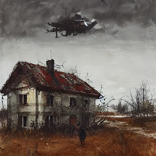 Image similar to painting by jakub rozalski of an abandoned post soviet town infested with root monsters