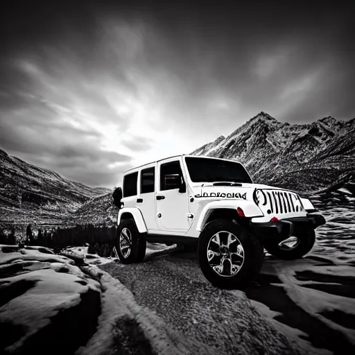 Image similar to white jeep wrangler driving up snow covered mountain ridge, dreamy atmosphere, dramatic lighting, cinematic, photo realism