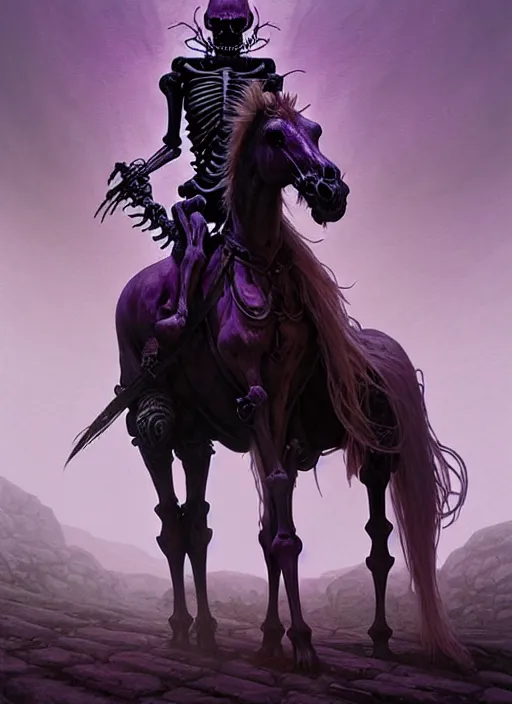 Image similar to portrait of skeleton necromancer and his horse horse, purple palette, cave landscape, fantasy magic, dark light night, intricate, elegant, sharp focus, illustration, highly detailed, digital painting, concept art, matte, art by wlop and artgerm and greg rutkowski and alphonse mucha, masterpiece