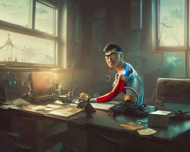 Image similar to an insanely detailed painting of a nerdy asian man wearing a superhero costume, sitting at a desk, staring at the nervously at the computer and typing, in the style of peter mohrbacher, dramatic lighting and composition, surreal background, octane render, pixar, trending on artstation, concept art, comic book, view from behind