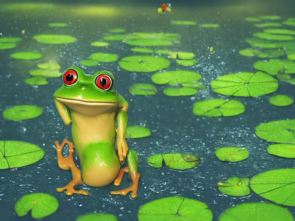 Prompt: frog cute character in water with water lily fireflies around, cute big eyes with details in body, vegetation, water, flying shot, portrait, full shot, symmetrical, frontal, rim light, pixar, octane render, digital art