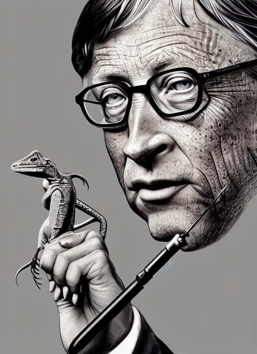 Image similar to bill gates as a lizard reptile!!!, holding a syringe, portrait, intricate, elegant, highly detailed, digital painting, artstation, concept art, wallpaper, smooth, sharp focus, illustration, art by h. r. giger and artgerm and greg rutkowski and alphonse mucha