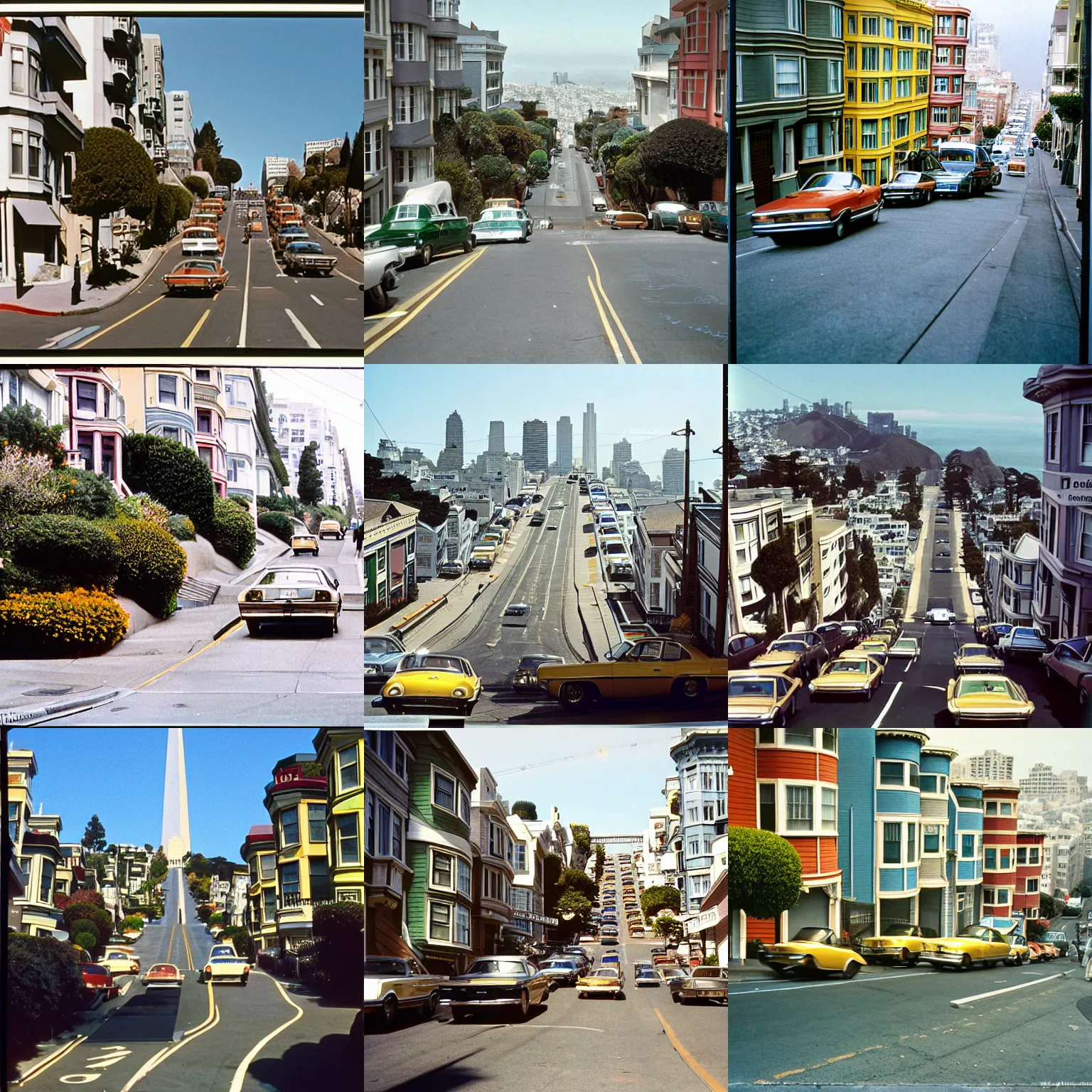 Prompt: color photograph of iconic Lombard Street, San Francisco In 1975