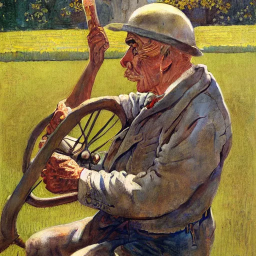 Image similar to high quality high detail painting by norman rockwell, hd, old man on tractor, big eyes, muted pastel colors, photorealistic lighting