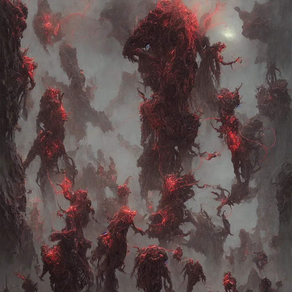 Image similar to sentient ghostbusters bizarre demi - gods expelling demons by greg rutkowski, zdzislaw beksinski,