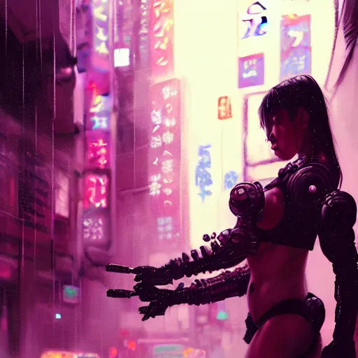 Image similar to An epic comic hyperrealistic painting of a cyber samurai girl, attractive, faces and details painted by painted by craig mullins, cyberpunk style color, heavy rainning at tokyo street night, neon lights all around, Matte painting, smoke, cinematic lighting, corona render, arnold render, movie concept art, 8k, RPG portrait, Concept world, rim lights, phtotrealistic, hdri