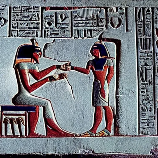 Image similar to ancient egyptian art of set working on a computer