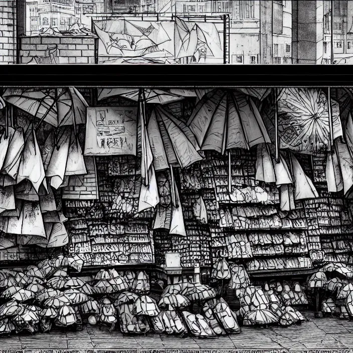 Image similar to close view of a market stall. folded umbrellas for sale on the stall. set in a square. background of an old soviet monument. storyboard, scifi cyberpunk. by gabriel hardman, joe alves, chris bonura. cinematic atmosphere, detailed and intricate, perfect anatomy