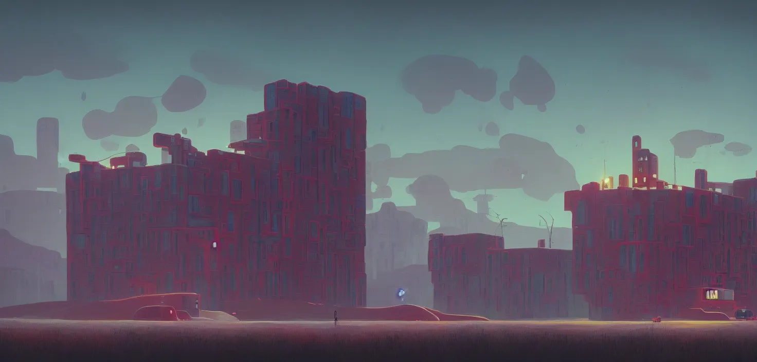 Image similar to a building in a stunning landscape in the style of simon stalenhag