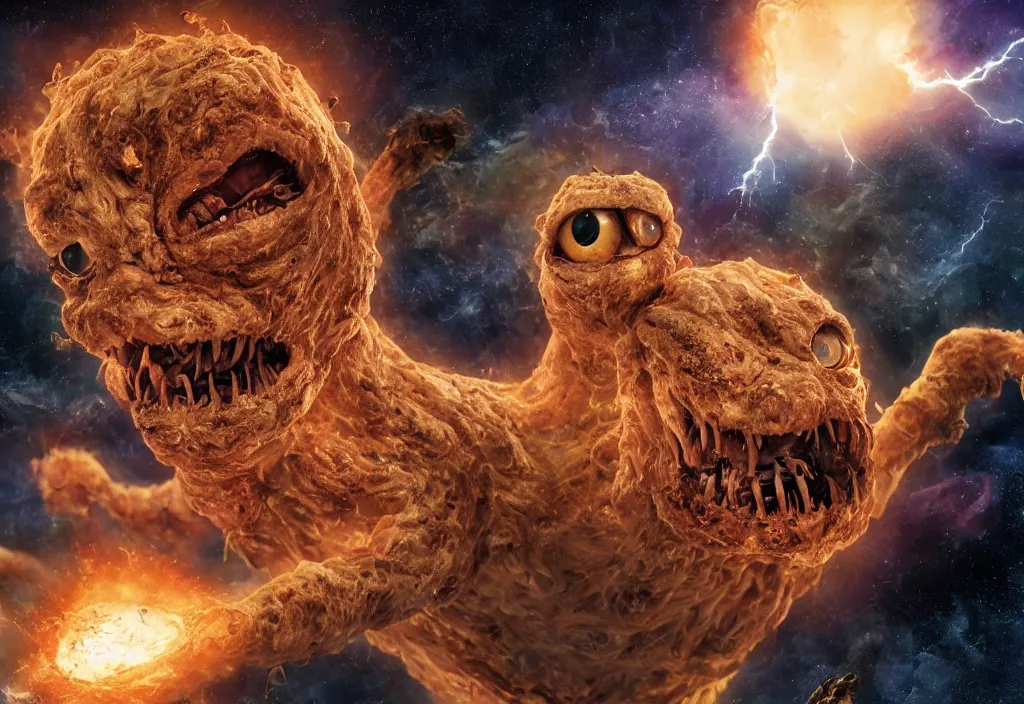 Image similar to eldritch horror bloody garfield in space, hd, 8 k, giant, epic, realistic photo, unreal engine, prophecy, powerful, cinematic lighting, destroyed planet, debris, violent, sinister, ray tracing, dynamic, epic composition, dark, horrific, teeth, grotesque, monochrome drawing, hellscape, corpses, foreboding, lightning, garfield cartoon eyes