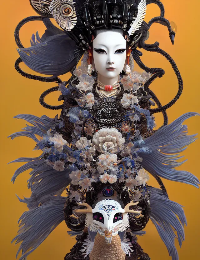 Image similar to 3 d goddess close - up 3 / 4 portrait with ram skull. beautiful intricately detailed japanese crow kitsune mask and clasical japanese kimono. betta fish, jellyfish phoenix, bio luminescent, plasma, ice, water, wind, creature, artwork by tooth wu and wlop and beeple and greg rutkowski