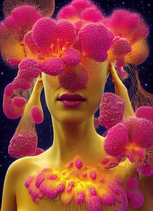 Image similar to hyper detailed 3d render like a Oil painting - Aurora (gilded faced Singer) seen Eating of the Strangling network of yellowcake aerochrome and milky Fruit and Her delicate Hands hold of gossamer polyp blossoms bring iridescent fungal flowers whose spores black out the foolish stars by Jacek Yerka, Mariusz Lewandowski, Houdini algorithmic generative render, Abstract brush strokes, Masterpiece, Edward Hopper and James Gilleard, Zdzislaw Beksinski, Mark Ryden, Wolfgang Lettl, hints of Yayoi Kasuma, octane render, 8k