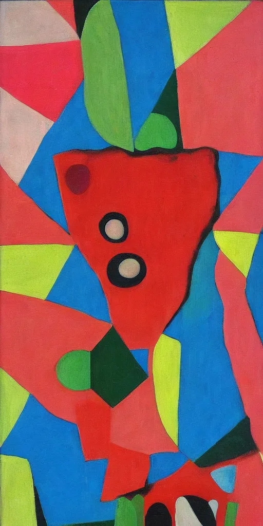 Prompt: a strawberry teddy bear geometric oil on canvas painting eileen agar