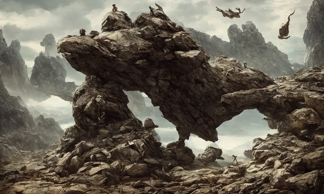 Prompt: creature made of rocks throwing rocks alpine valley. tooth wu, edward gorey, greg rutkowski, andreas achenbach, artgerm, mikko lagerstedt, zack snyder, tokujin yoshioka