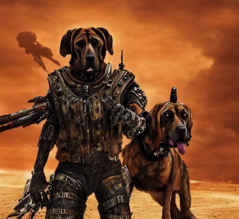 Prompt: a good ol'bloodhound dog fursona ( from the furry fandom ), heavily armed and armored facing down armageddon in a dark and gritty version from the makers of mad max : fury road. witness me.
