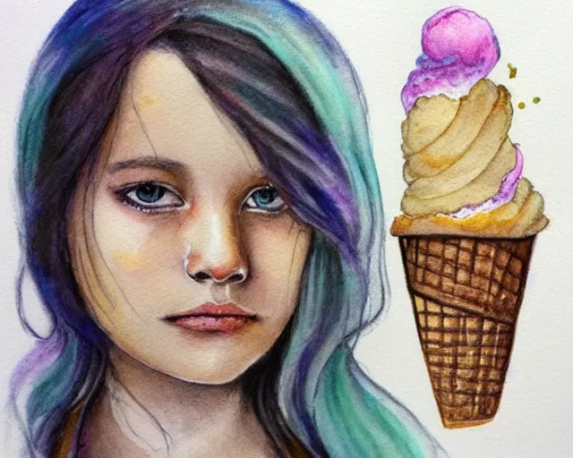 Image similar to a girl with the ice cream watercolor colored pencil painting trending on artstation