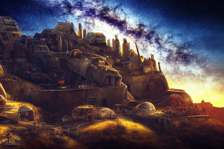 Image similar to favela spaceship cathedral bunker, desert environment, industrial factory, cliffs, peaks, bright, milky way, award winning art, epic dreamlike fantasy landscape, ultra realistic,