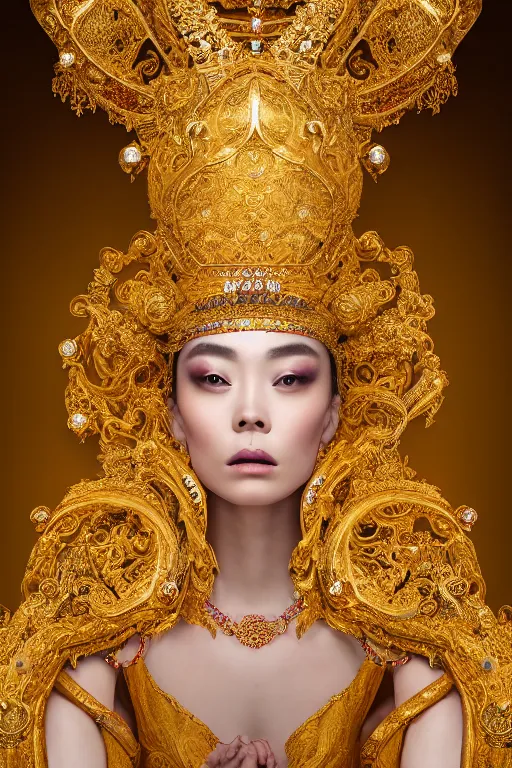 Prompt: a singular beautiful empress portrait, with a brilliant, impossible striking shiny big gold headpiece, symmetrical, reflective surface, gold clothes, rococo, baroque, jewels, asian, realistic, studio lighting, closeup, D&D, fantasy, intricate, elegant, highly detailed, digital painting, artstation, octane render, 8k, concept art, matte, sharp focus, illustration, art by Artgerm and Greg Rutkowski and Alphonse Mucha