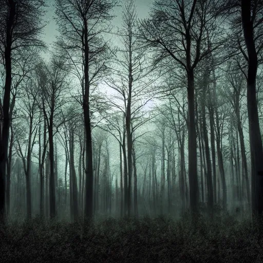 Prompt: a forest at night, lots of trees, black accents, fantasy style, 8 k