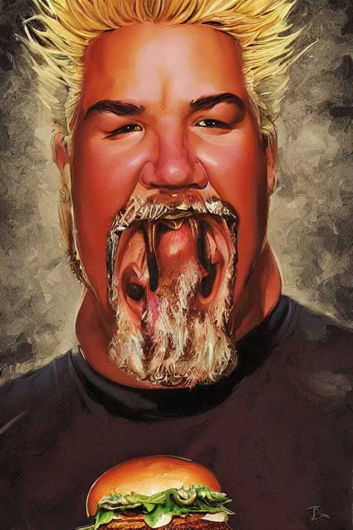 Image similar to centered beautiful detailed front view portrait of guy fieri with ornate burgers growing around, ornamentation, burgers, elegant, beautifully soft lit, by'phil hale '!!'leyendecker '!!! wayne barlowe, peter mohrbacher, kelly mckernan,