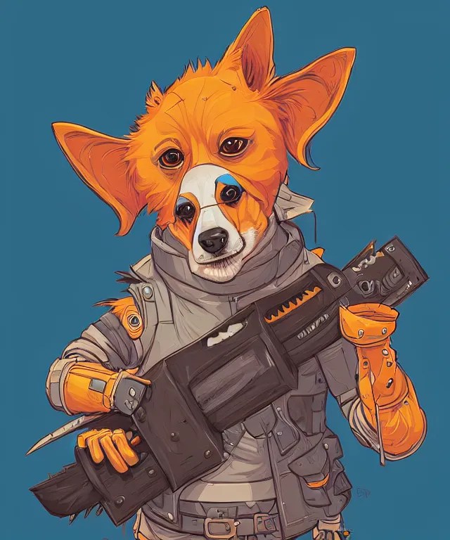 Image similar to a portrait of an anthropomorphic cyberpunk corgi! holding a chainsaw, fantasy, elegant, digital painting, artstation, concept art, matte, sharp focus, illustration, art by josan gonzalez