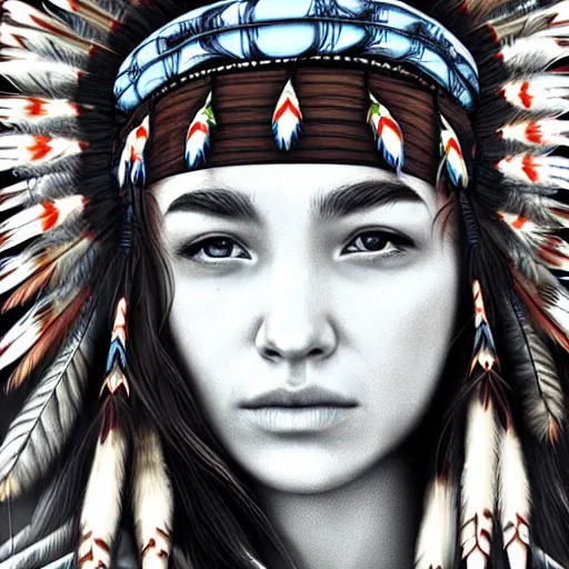 Image similar to portrait of native american girl with head dress in the style of artgerm, digital art, close-up, insanly detailed