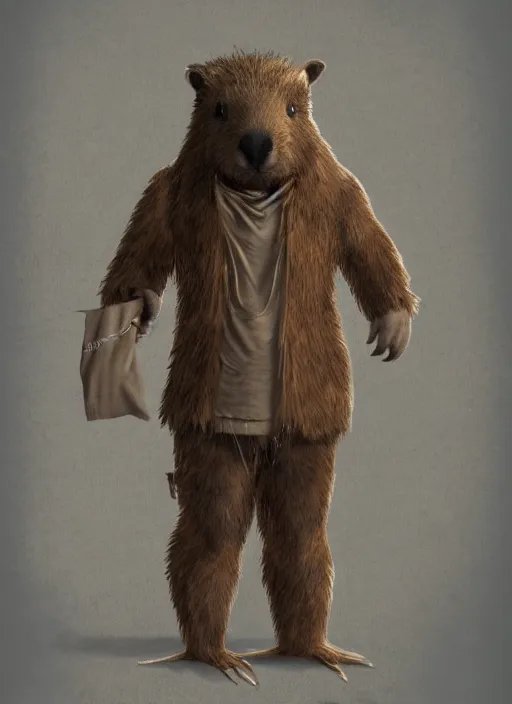 Image similar to detailed full body concept art illustration matte painting of an anthropomorphic capybara plush toy in full intricate clothing, ultra detailed, digital art, octane render, 4K, dystopian, micro details