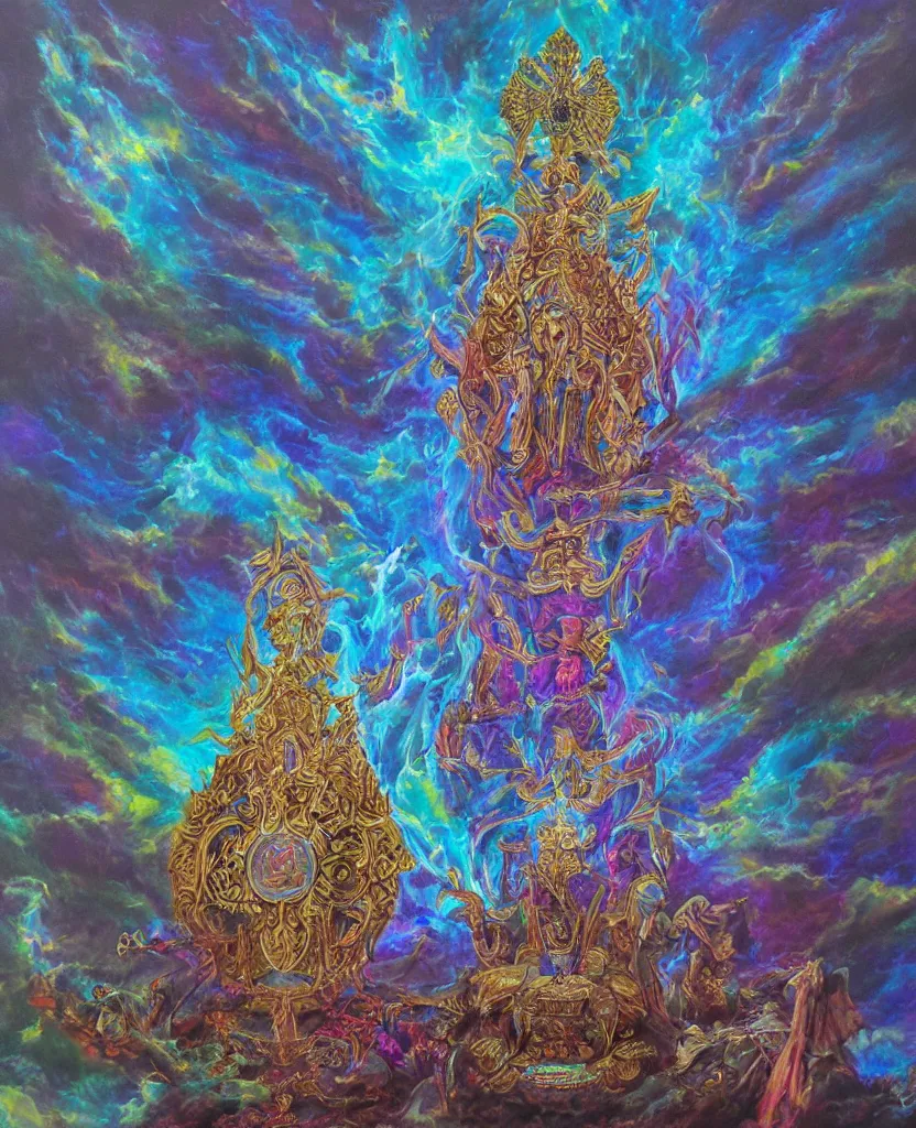 Prompt: holy throne of the lunar god, award winning oil painting, iridescent aberration celestial color palette