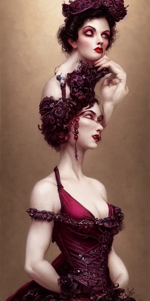 Image similar to a beautiful hyperrealistic portrait pose of a stunning Victorian burlesque model in a maroon-and-lilac collared dress looking happy, intricate, elegant, highly detailed, smooth, sharp focus, award-winning, masterpiece, in the style of Tom Bagshaw, Cedric Peyravernay, Peter Mohrbacher