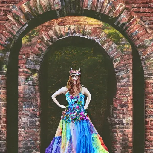 Prompt: Queen of the Fae wearing a crown of flowers and brocaded sleeveless gown, inside, archways, intricate brickwork, highly detailed, colorful, hyper realism, 4k