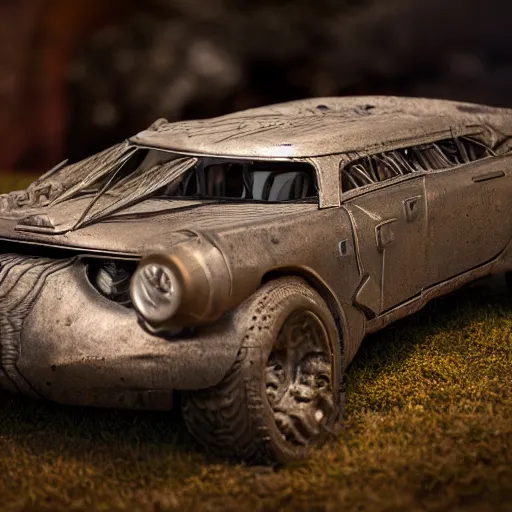 Prompt: photo of prehistoric hot wheels model, metal cast, octane render, highly detailled 8 k, 3 d, hyperreal, photorealism, cinematic lighting, epic cinematic, valley background