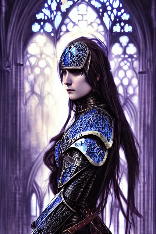 Image similar to beautiful luxury and gothic and victorian and evil medieval female blue armor knight portrait+smoky eyes+light flowing hair, in ruin gothic cathedral, ultradetail face, art and illustration by tian zi and craig mullins and WLOP and alphonse mucha, fantasy, intricate complexity, human structure, fantasy world concept, watermark, blurry, hyperrealism 8k