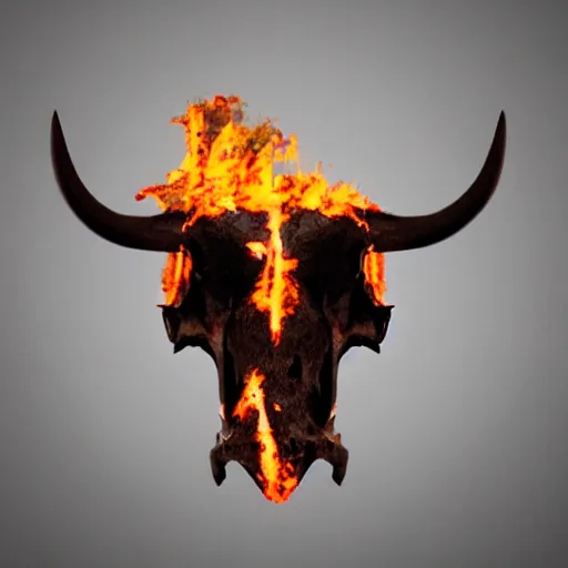 Image similar to a screaming angry cow skull, on fire, scary