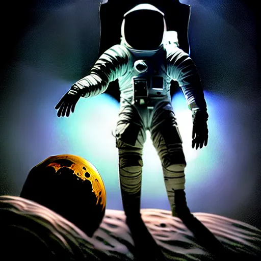 Image similar to full-body dark creepy baroque style oil painting realism a headless astronaut on the moon with futuristic elements. no head, empty helmet full-length view. standing on ancient altar eldritch energies lighting forming around disturbing frightening intricate artwork by caravaggio. Trending on artstation, cinematic lighting from the right, hyper realism, 8k, depth of field, 3D