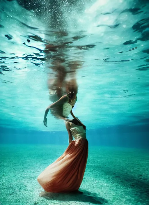 Image similar to girl in a long dress swimming underwater, caustics, surreal underwater photography